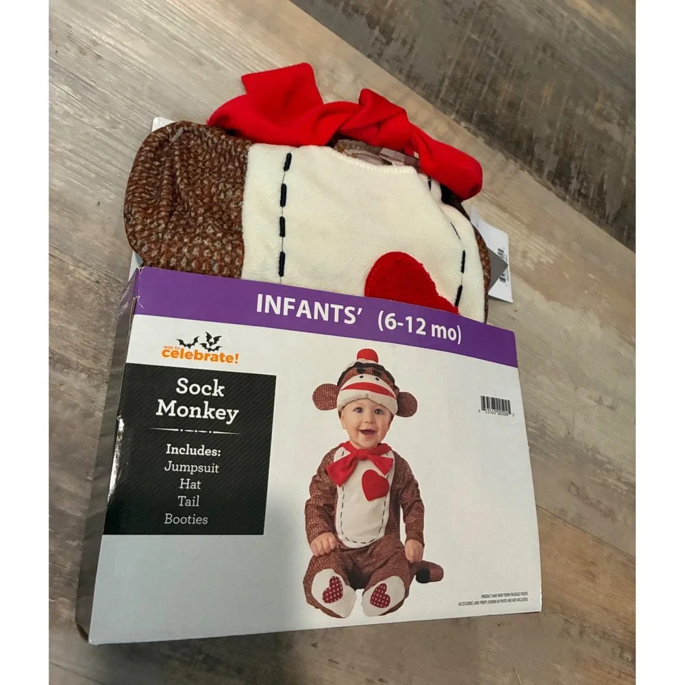 Way to Celebrate Sock Monkey Infant Costume 6-12M Jumpsuit Hat Booties Tail